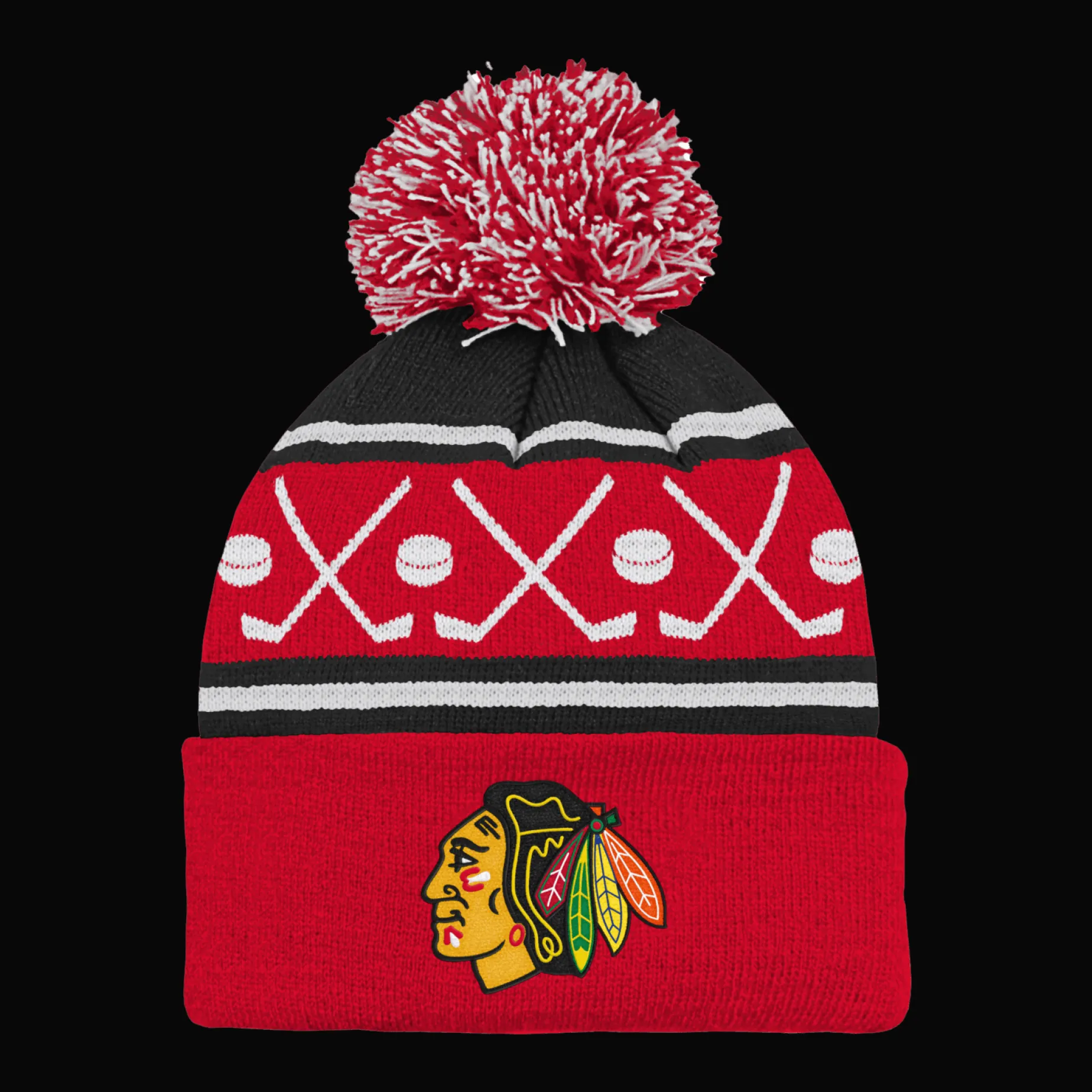 Faceoff Cuff Knit Beanie with pom Blackhawks - 24/25, supporter-lue, unisex - NHL Drakter & Tilbehør - Faceoff Cuff Knit Beanie with pom Blackhawks - 24/25, supporter-lue, unisex