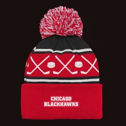 Faceoff Cuff Knit Beanie with pom Blackhawks - 24/25, supporter-lue, unisex - NHL Drakter & Tilbehør - Faceoff Cuff Knit Beanie with pom Blackhawks - 24/25, supporter-lue, unisex